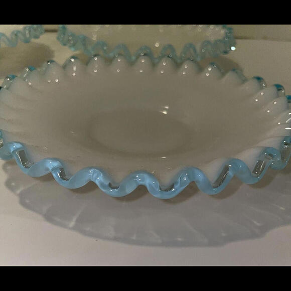 Set of 4 - Vintage Fenton Aqua Crest Milk Glass Saucers ~ 6  “ Pale Blue Ruffle - Picture 4 of 7